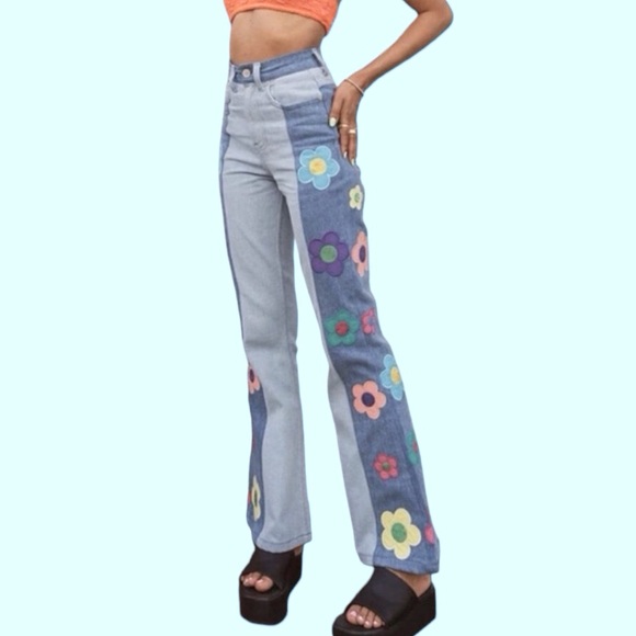 Blue Flower Power Hippie Embroidery Patchwork Flare High Waisted Wide Leg Jeans - Picture 3 of 14